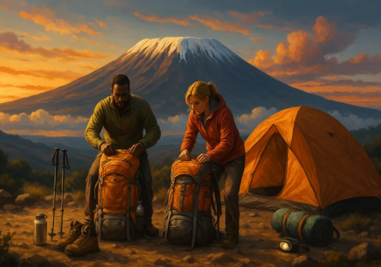 Deux randonneurs préparent leurs sacs à dos devant une tente au pied du Kilimandjaro au lever du soleil