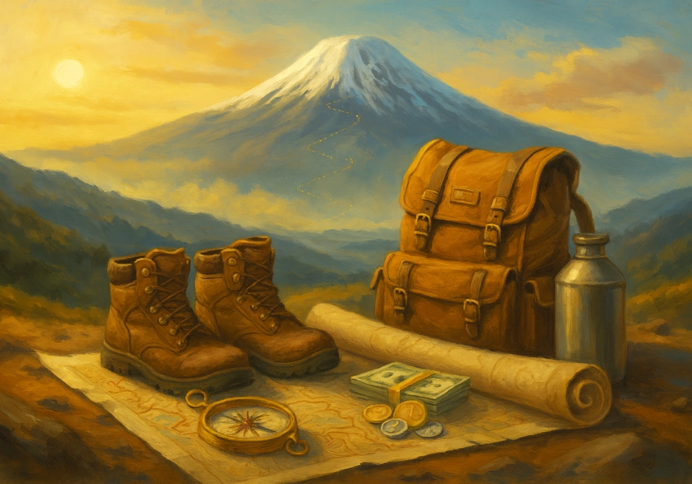 Équipement de randonnée avec sac à dos, chaussures et carte posés devant le Kilimandjaro, symbole du budget nécessaire