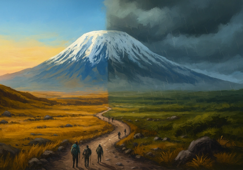 Paysage contrasté du Kilimandjaro avec moitié ensoleillée et moitié pluvieuse, symbolisant les saisons