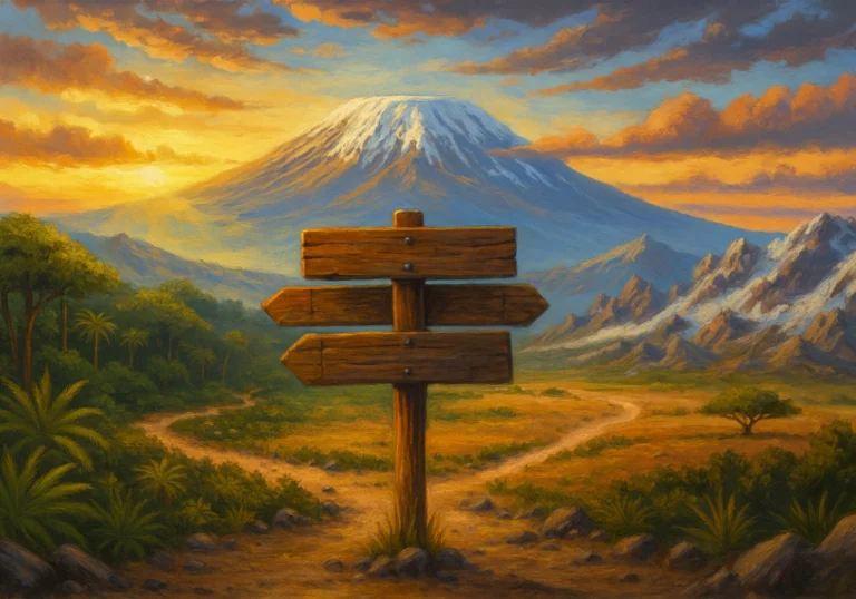 Panneau en bois indiquant plusieurs directions avec le Kilimandjaro enneigé en arrière-plan