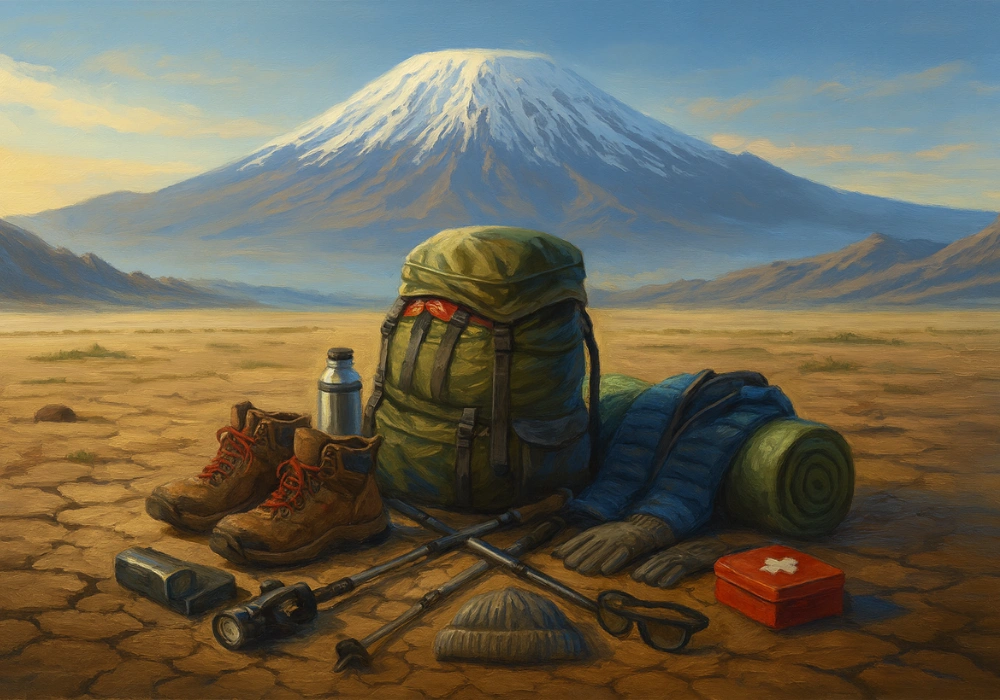 Sac à dos, chaussures de trek, bâtons de marche et trousse de secours disposés devant le Kilimandjaro