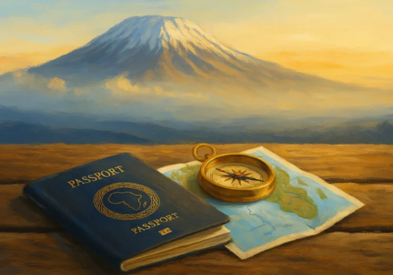 Passeport, carte et boussole posés sur une table avec le Kilimandjaro en arrière-plan, symbolisant le visa pour la Tanzanie
