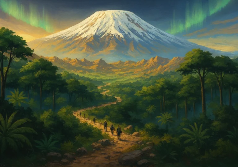 Groupe de randonneurs avançant sur un sentier escarpé avec le Kilimandjaro enneigé en arrière-plan, voie Machame