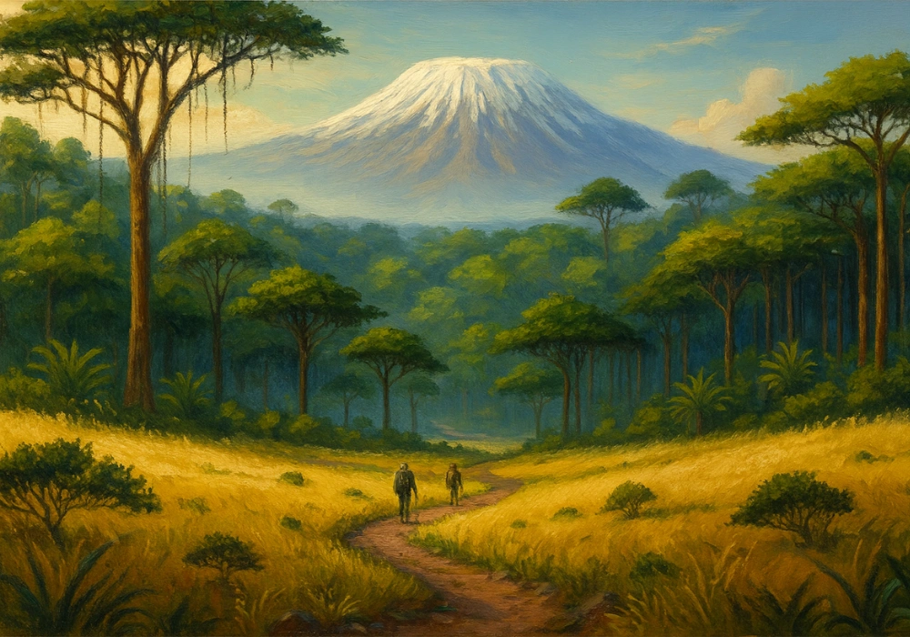 Paysage de savane et de forêt avec vue dégagée sur le Kilimandjaro enneigé, point de départ de la voie Lemosho