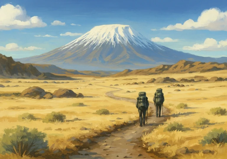 Deux randonneurs marchant dans un paysage aride vers le Kilimandjaro enneigé, représentant la voie Rongai