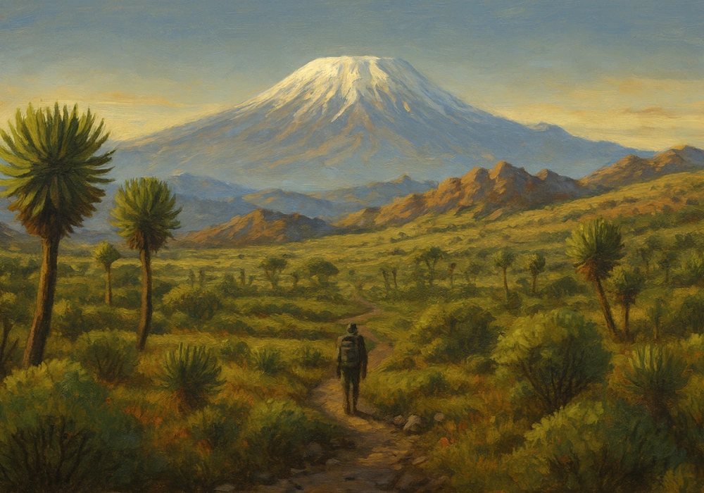 Sentier calme traversant une forêt dense vers le Kilimandjaro, représentant la voie Londorossi